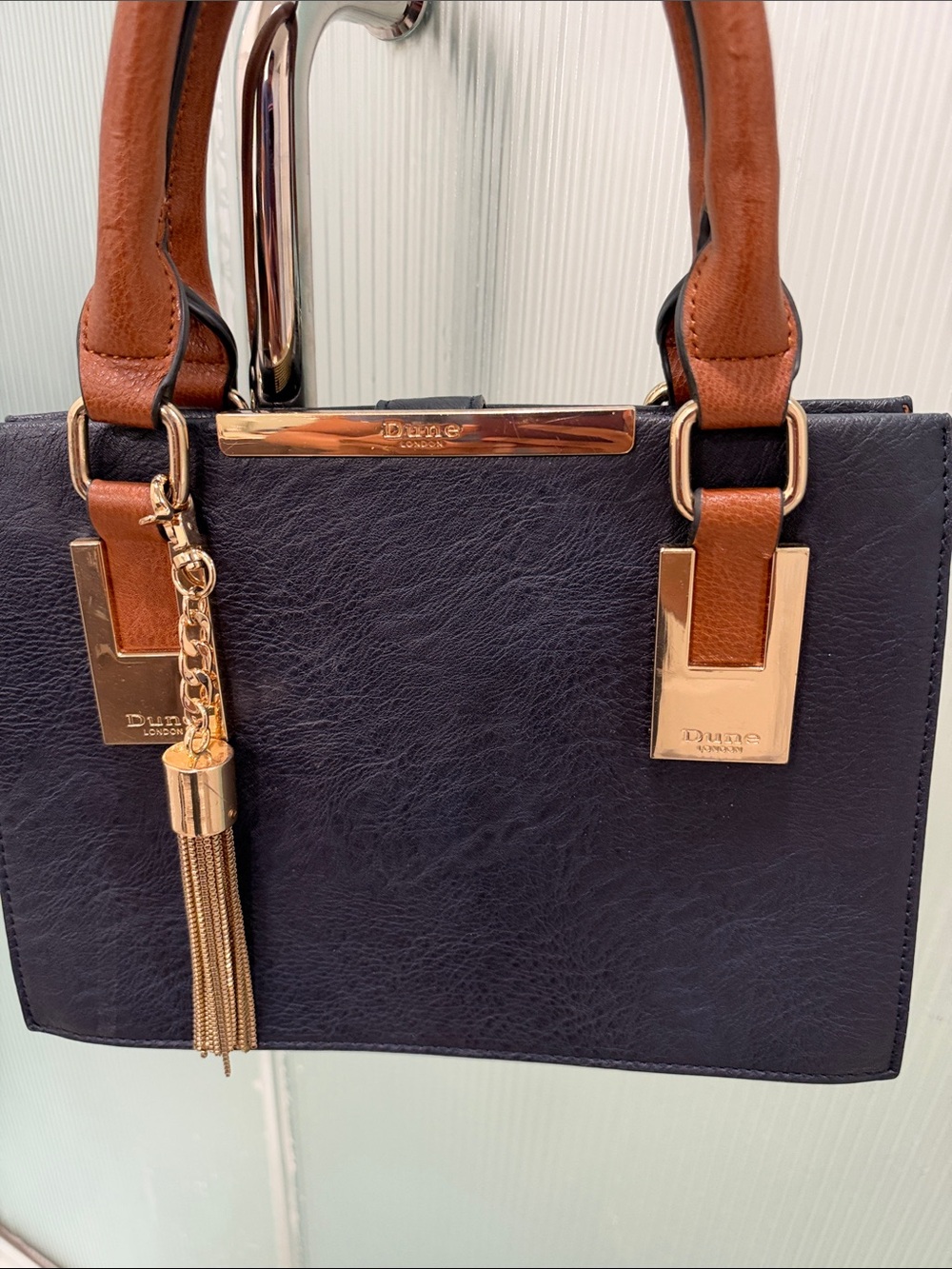 Dune London Navy and Tan Structured Satchel with Tassel